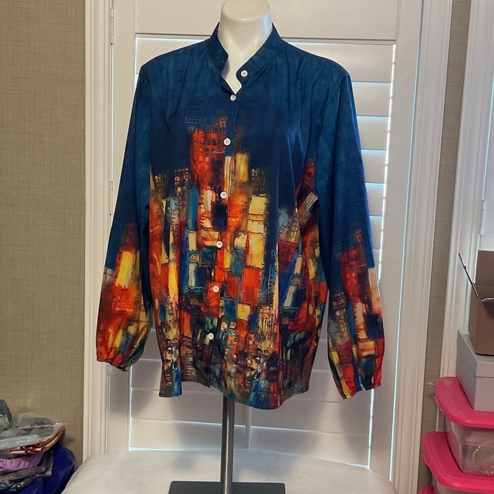 Women's Abstract Button Down Shirt - Blue and Orange